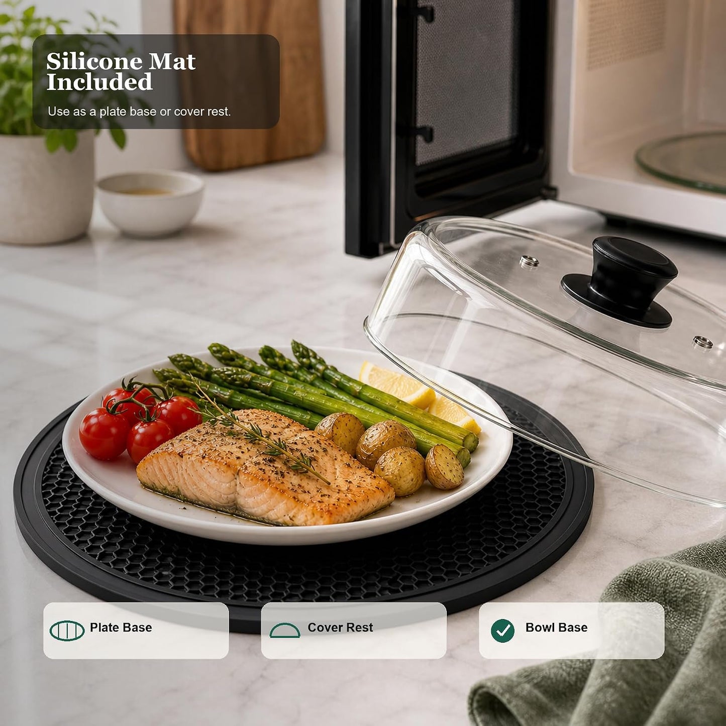 Glass Microwave Splatter Cover for Food, 10-Inch Borosilicate Glass Microwave Plate Cover with Vent Hole & Anti-Slip Silicone Mat, Tall Heat Resistant Microwave Food Cover, Dishwasher Safe