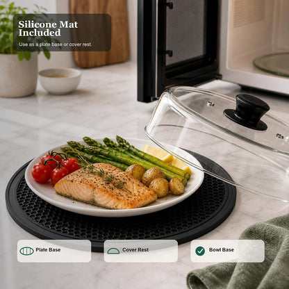 Glass Microwave Splatter Cover for Food, 10-Inch Borosilicate Glass Microwave Plate Cover with Vent Hole & Anti-Slip Silicone Mat, Tall Heat Resistant Microwave Food Cover, Dishwasher Safe