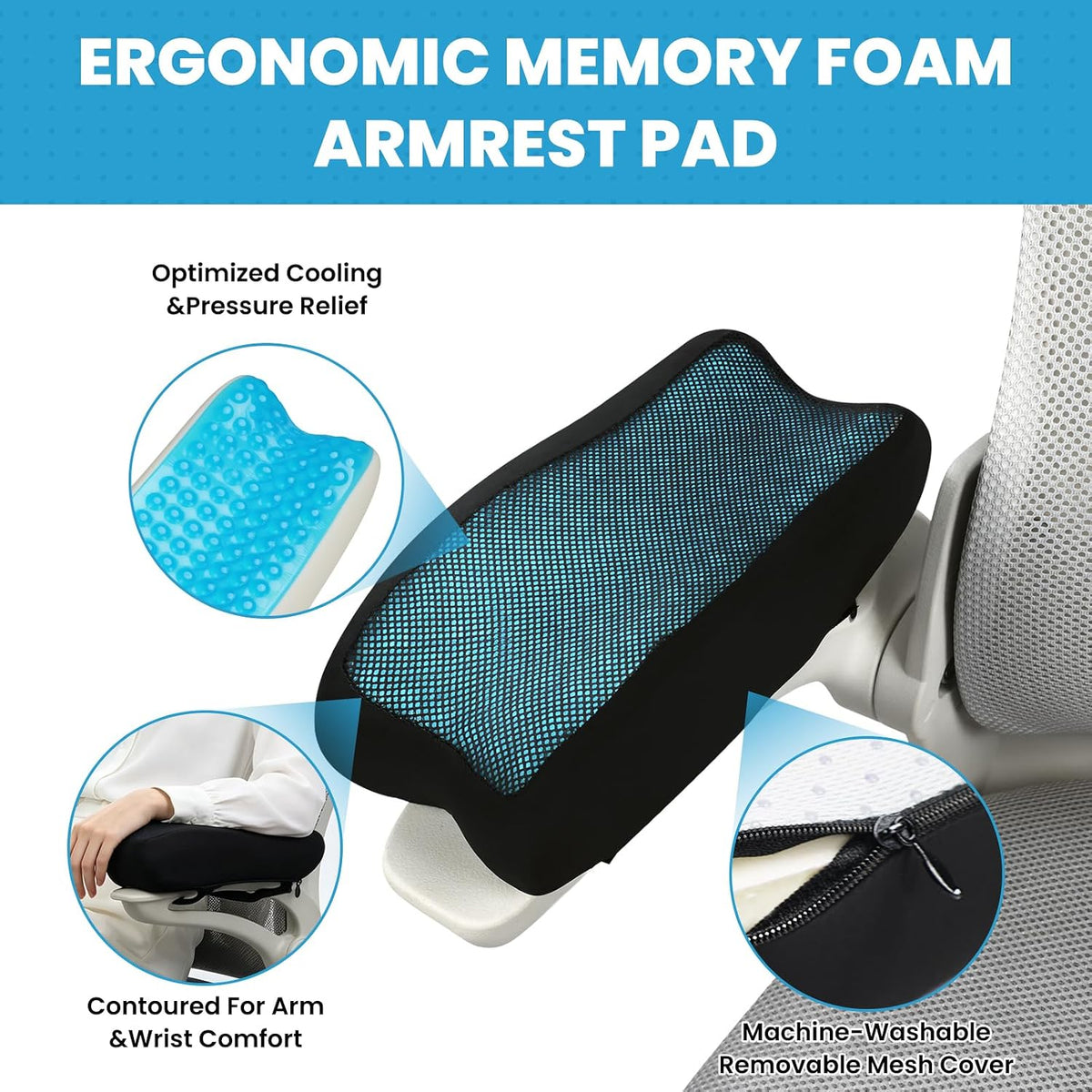 Memory Foam Armrest Pads, Pressure Relief Elbow Cushion, Non-Slip Hook & Loop Straps for Office, Gaming Chair & Wheelchair, Machine Washable, 2-Pack