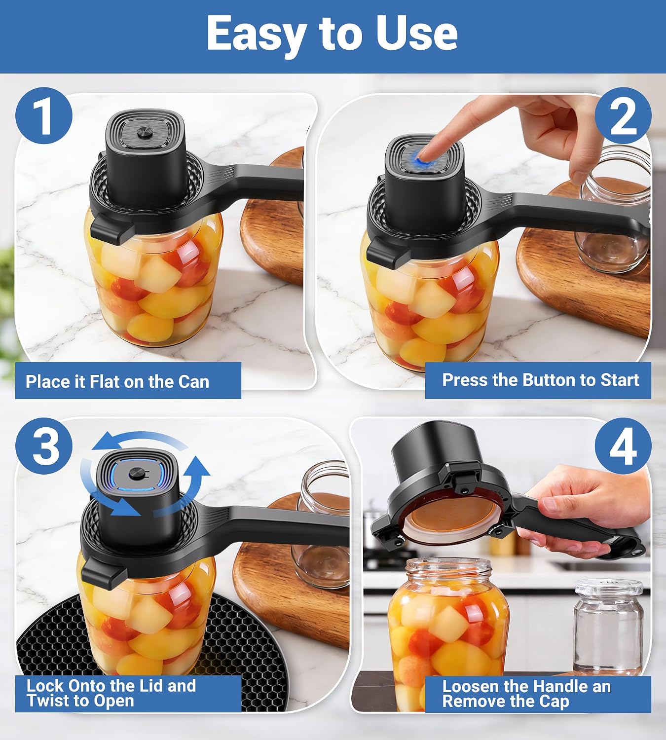 Electric Jar Opener for Seniors with Power-Clamp Technology, 2-in-1 Patent Automatic Jar & Bottle Opener Rechargeable 800mAh Hands-Free Opener with Bonus Anti-Slip Gripper Pad for Beer, Dressing, Jar