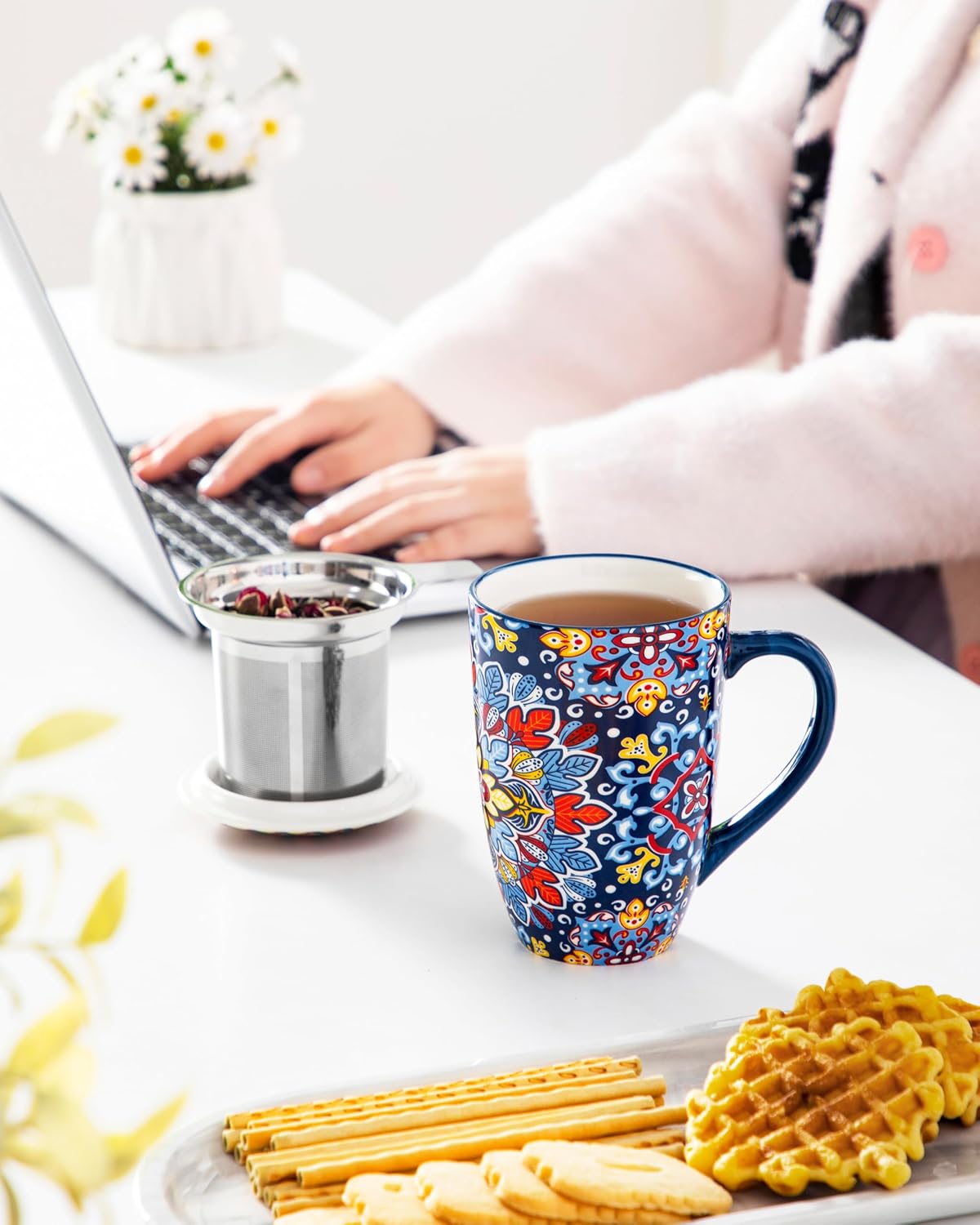 vancasso Ceramic Tea Mug with Infuser and Lid, 18 Ounce Bohemian Loose Leaf Cup, Microwave & Dishwasher Safe, Perfect for Tea, Coffee, Burnt-Cobalt Mandala