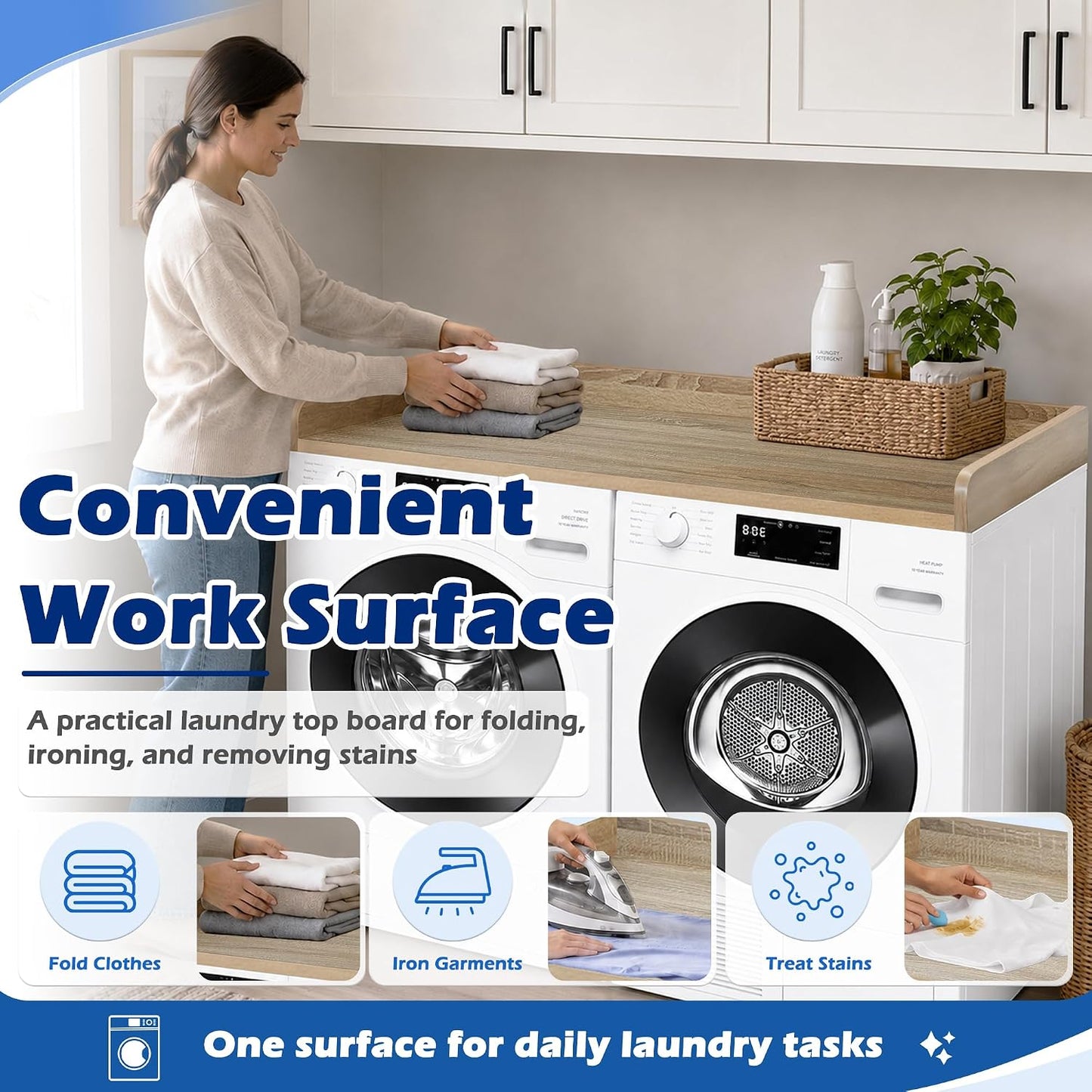 ROYXEN Washer Dryer Countertop, Laundry Countertop Solid Wood, Countertop for All Front-Loaded Washing Machine and Dryer, Extra Room for Laundry Room, Oak