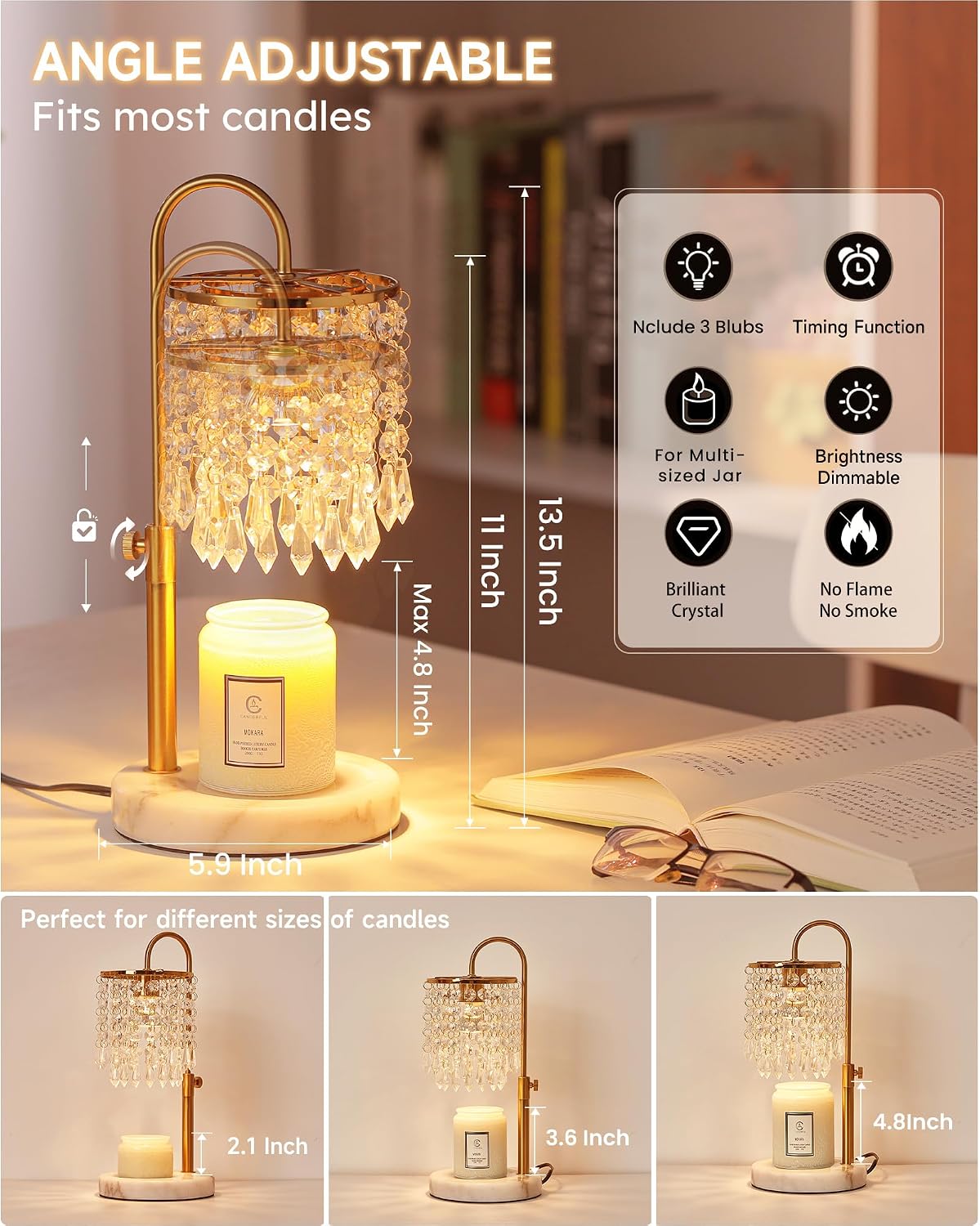 Candle Warmer Lamp with Timer Dimmer and 3 Bulbs, Candle Lamp Warmer with Marble Base for Adjustable Height, Crystal Candle Lamp for Jar Candles, House Warming Gifts Home Room Decor, Silver
