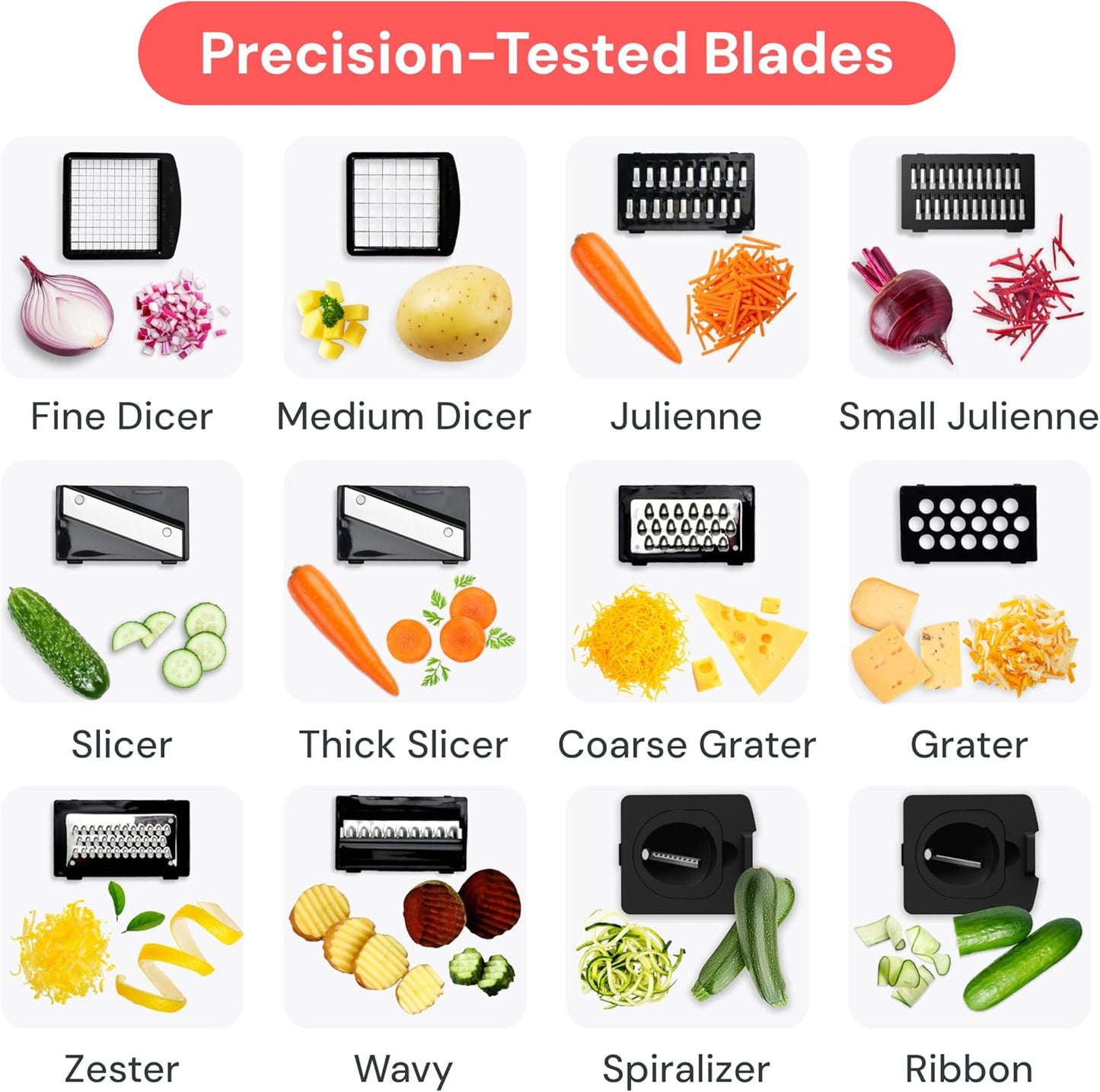 Fullstar Pro Core Vegetable Chopper & Mandoline Slicer, Meal Prep Essential | 6 in 1 Veggie Slicer, Onion & Fruit Slicer with Julienne, Grater & Dicer Stainless Steel Blades + Container (White)