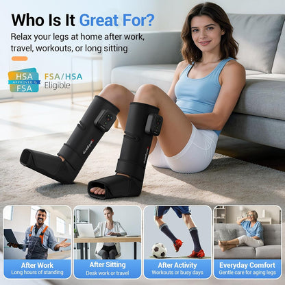 Comfytemp Air Compression Leg Massager for Circulation and Pain Relief FSA | Cordless & Rechargeable, Recovery for Varicose Veins, RLS, Foot and Calf Compression Boots, HSA Eligible (Fit Calf 13"~19")