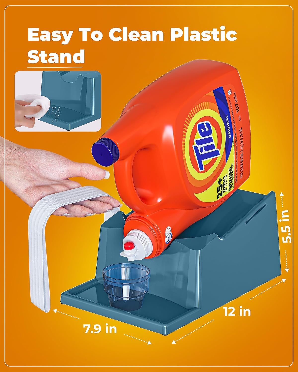 Liquid Laundry Detergent Holder Stand with Drip Tray - 1 Pack - White | Easy Pouring, Rubber Feet, Secure Strap, Angled Stand, Fabric Softener Dispenser for Laundry Room Organization & Storage