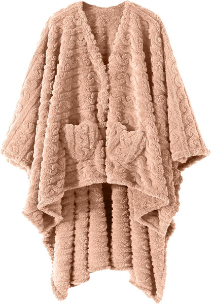 Wearable Blanket Sherpa Fleece Shawl Blanket with Pockets Blanket Poncho Cape for Adults, Cozy Shawl TV Throw Blankets