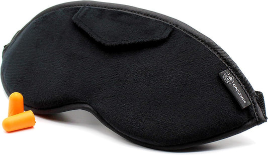 Dream Essentials Opulence Micro Plush Sleep Mask, Black Velvet Eye Mask for Sleeping with Earplugs, Front Pocket, Adjustable Strap, Soft Cotton Lining, Light Blocking Travel Accessory for Night Rest