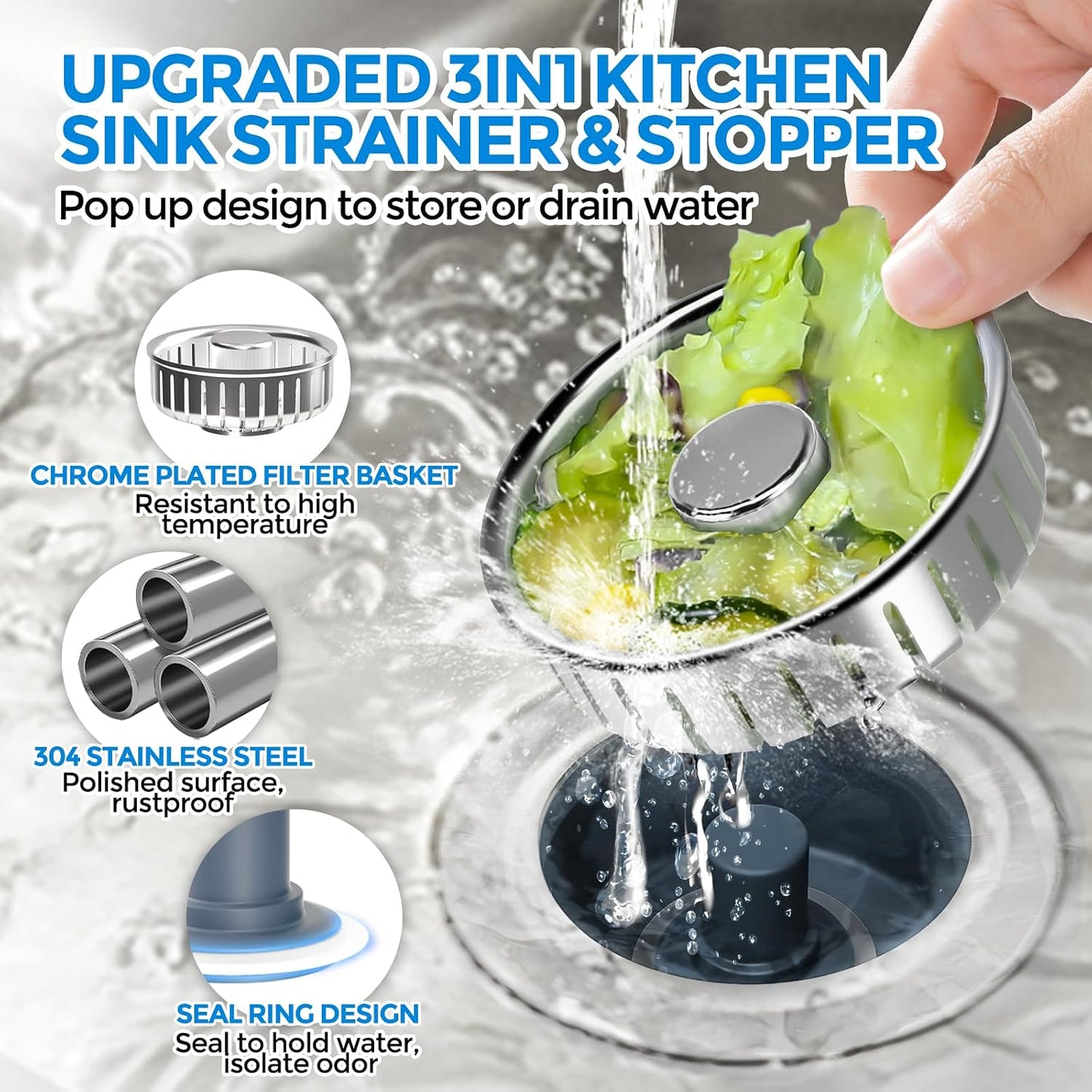 3 in 1 Kitchen Sink Drain Strainer Stopper Removable Basket Pop-Up | Kitchen Sink Food Strainer 1 Pack Silver Stainless - Food Catcher, Odor-Block Seal, Fits 3.5" Drain, Easy Clean