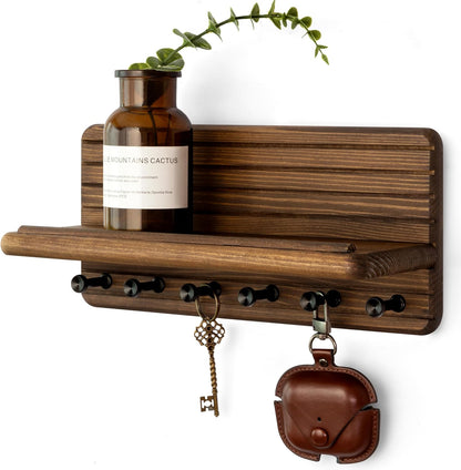 Rebee Vision Pine Wood Key Holder Wall Mount with Shelf for Entryway, Brown | 6 Key Hooks, Round Corner, Smooth&Hand-Friendly, Clear Wood Texture, Space-Saving Design, Organize Mail & Letter