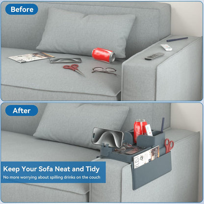 Couch Arm Cup Holder CLESOO Couch Arm Tray Anti-Slip Couch Cup Holder Silicone Sofa Armrest Tray Dual Side Pocket Couch Drink Holder Sofa Caddy Arm Remote Holder Snack Caddy with Phone Holder Blue