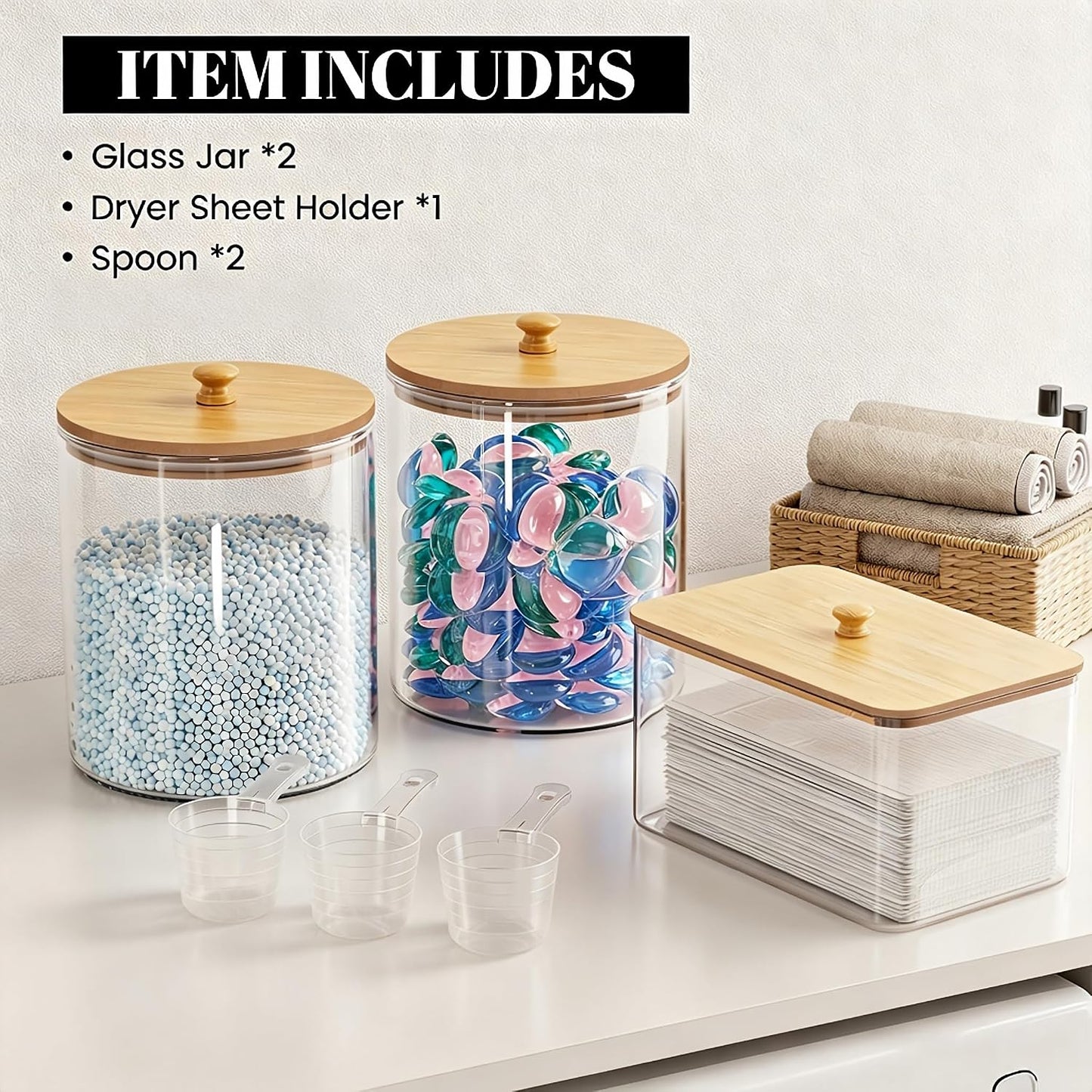 HomePekite Laundry Pods Storage Container, Clear Laundry Room Organization and Storage ,Detergent Powder Container,with Wooden Lids & Labels, 3+1 Pack