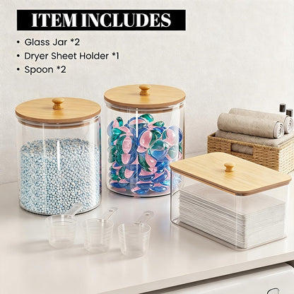 HomePekite Laundry Pods Storage Container, Clear Laundry Room Organization and Storage ,Detergent Powder Container,with Wooden Lids & Labels, 3+1 Pack