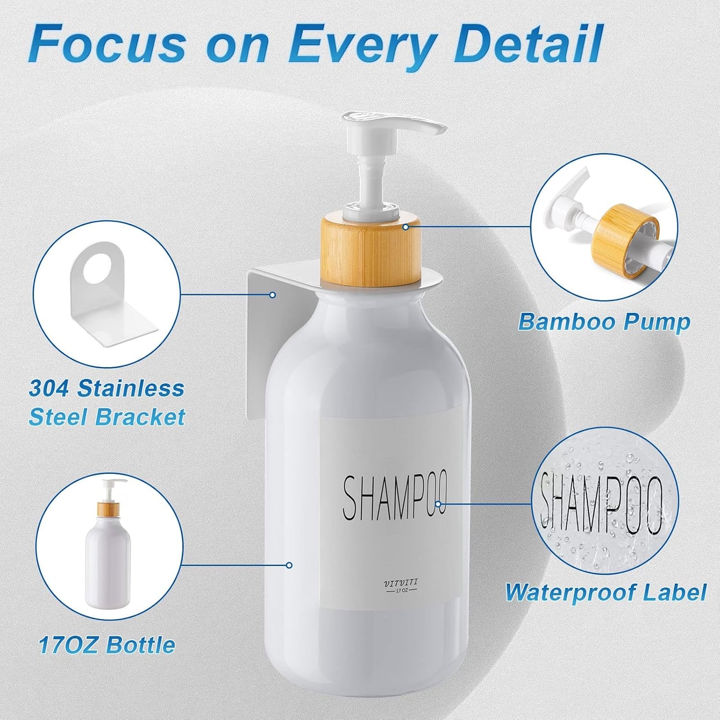 VITVITI Shampoo and Conditioner Dispenser 3 Chamber for Shower Wall, White | Refillable Body Wash Shower Soap Dispenser Wall Mounted, Drill Free 17oz Plastic Shower Bottles for Bathroom, Set of 3