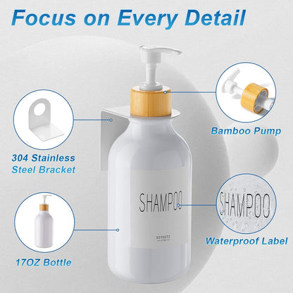 VITVITI Shampoo and Conditioner Dispenser 3 Chamber for Shower Wall, White | Refillable Body Wash Shower Soap Dispenser Wall Mounted, Drill Free 17oz Plastic Shower Bottles for Bathroom, Set of 3