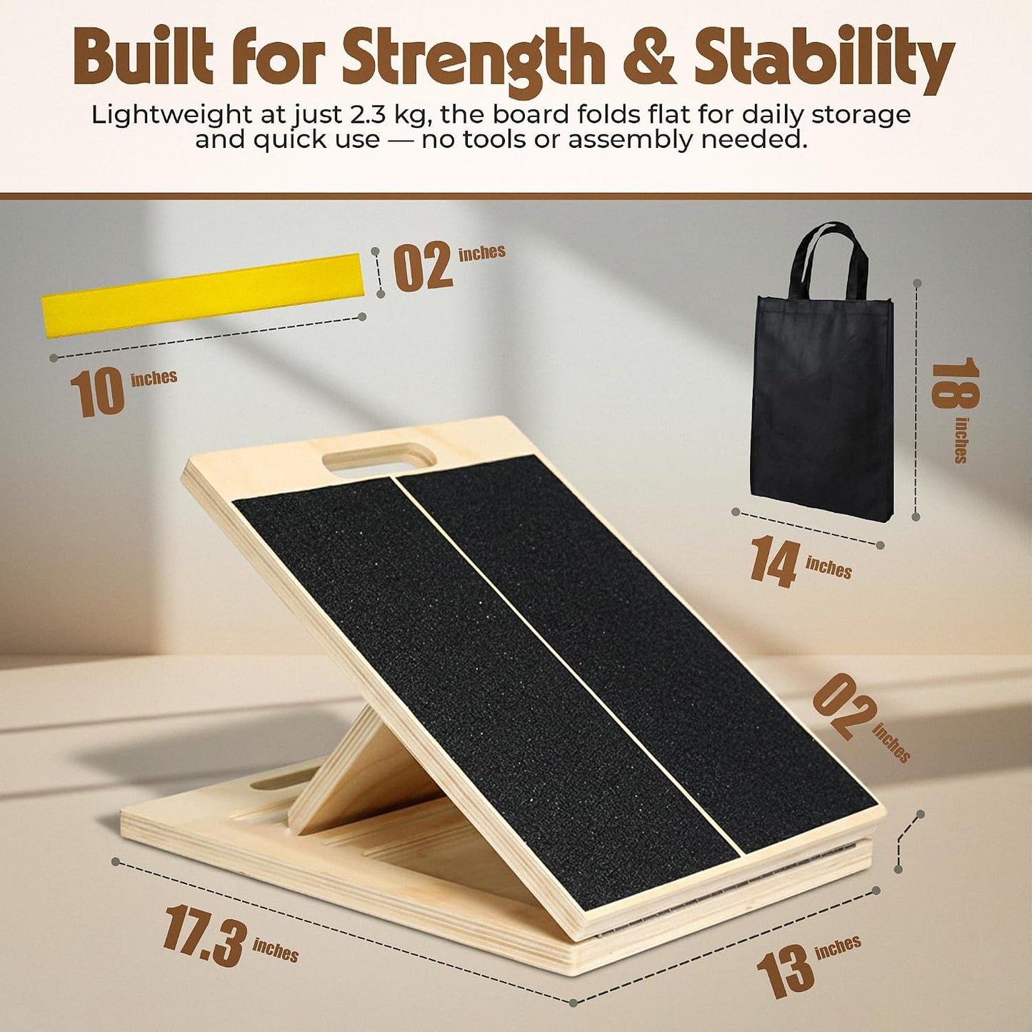 Wooden Slant Board for Calf Stretching, Adjustable Calf Stretcher Incline Wedge for Squats, Foot Ankle Heel Leg Stretch, Physical Therapy Balance Board, Portable with Carry Bag & Loop Band