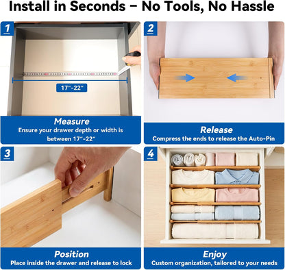 4 Pack 6" Deep Bamboo Drawer Dividers, 17-22" Expandable Kitchen Organizers | Adjustable Spring-Loaded Tension Separators with Foam Pad for Clothes, Utensils, Kitchen, Dresser, Nursery & Bathroom