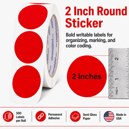 Fluorescent Green Dot Stickers, 2 Inch, 500/Roll | Writable Matte Paper Circle Stickers for Inventory, Classrooms, Offices, Retail, and Color Coding. Made in USA