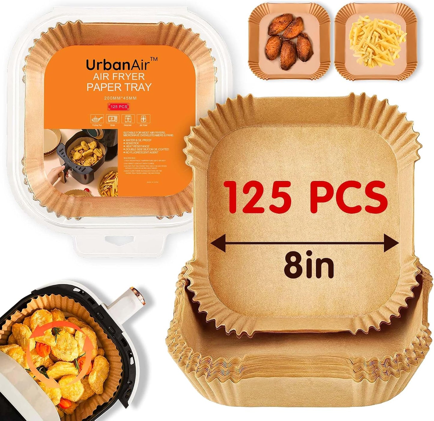 UrbanAir 6.5-Inch Square Air Fryer Paper Liners 125pcs for Easy Cleanup - Non-Stick, Heat-Resistant, and Perfect Fit for Hassle-Free Cooking | Bleach-Free Parchment| (6.5 in/16cm 125pcs)