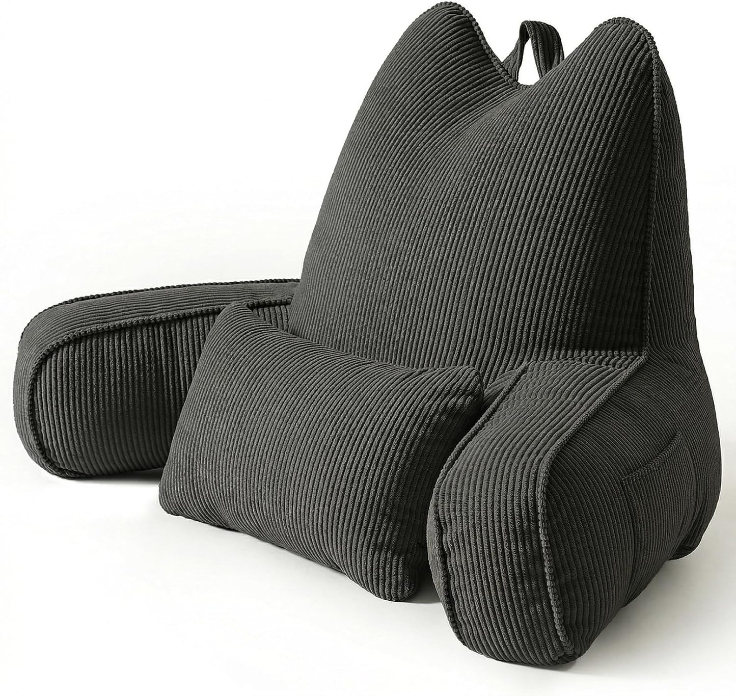 Patented Design Reading Pillow with Arms for Sitting Up, 2-in-1 Bed Rest Pillow with Detachable Lumbar Support, Backrest Support Cushion for Couch with Side Pockets & Handle, Beige Gray