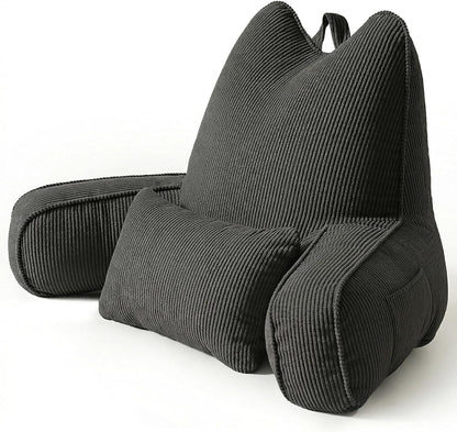Patented Design Reading Pillow with Arms for Sitting Up, 2-in-1 Bed Rest Pillow with Detachable Lumbar Support, Backrest Support Cushion for Couch with Side Pockets & Handle, Beige Gray