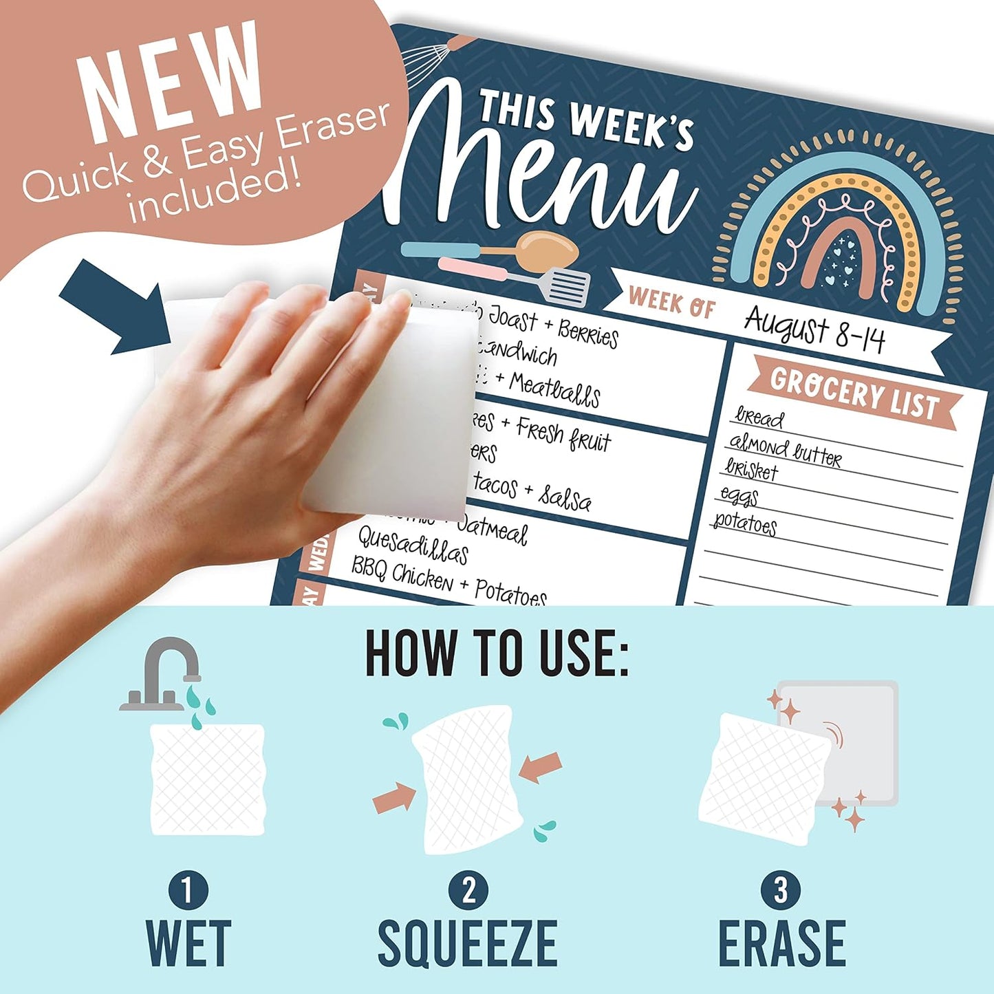 Hadley Designs Weekly Meal Planner for Fridge - Dinner Menu Board for Kitchen, Kraft Weekly Menu Board Dry Erase, Dry Erase Meal Planner for Fridge, Grocery List for Fridges with Conversion Chart