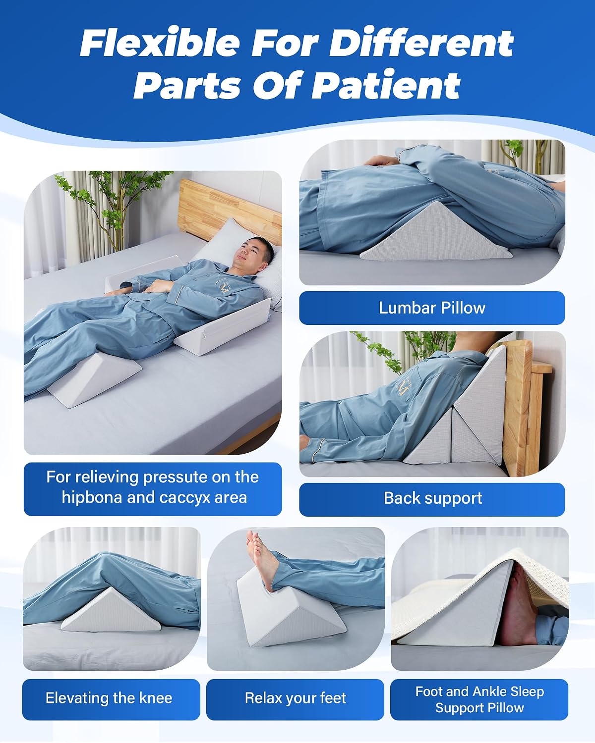 Fanwer Positioning Wedge Pillow for Side Sleeping (3 in 1), 40 Degree Triangle Bed Wedges & Body Positioners for Back Pain, Preventing Bedsores, After Surgery, Knees Elevated, Pregnancy