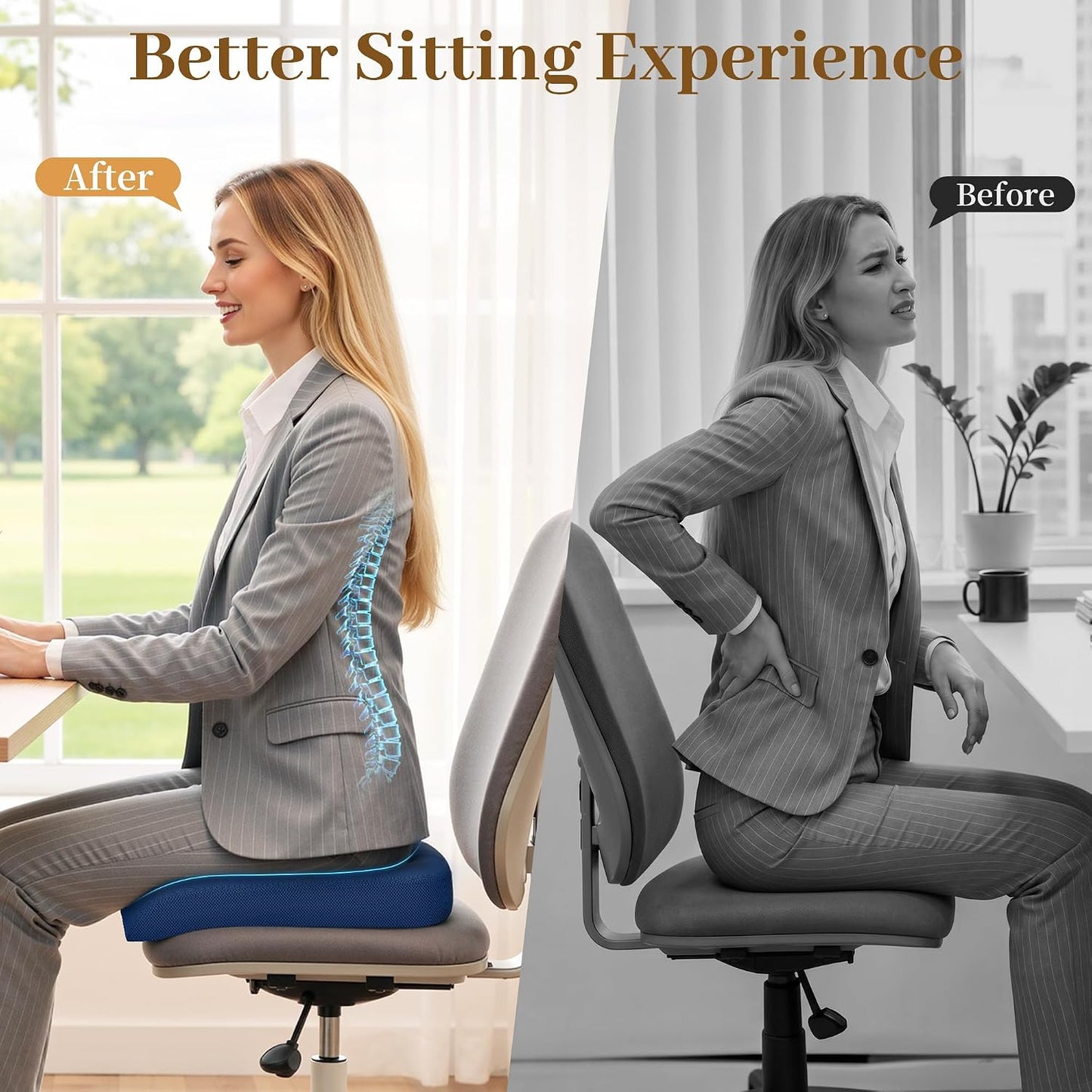 TranquilRelax Memory Foam Seat Cushion for Office Chair, 3-Inch, Black | Medium-firm Support for Long Sitting, Washable Mesh Cover, Non-slip Base, Perfect for Car Seats & Short Drivers