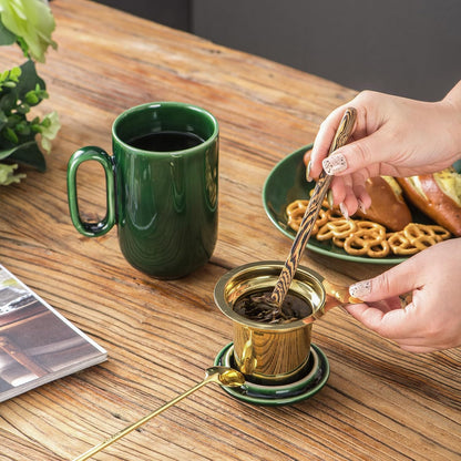 Ceramic Tea Cup Mug Infuser - VICRAYS Large 16 oz Hot Loose Steeping Handle Teacup with Leaf Infuser Spoon Lid - Blue Tall Glazed Strainer Coffee Mug Microwave Safe - Blue