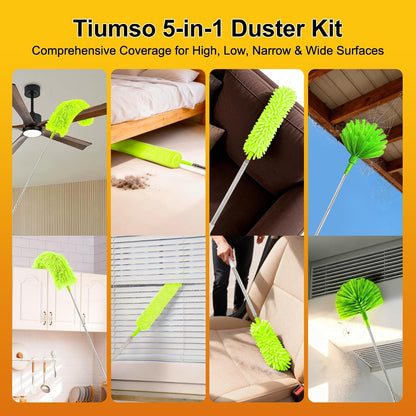 Tiumso Microfiber Feather Duster 5-in-1 Kit, Dusters for Cleaning, Duster with Extension Pole 100 Inches, Cobweb Duster, Microfiber Dusters for High Ceilings and Fans, Blinds, Cars and Furniture