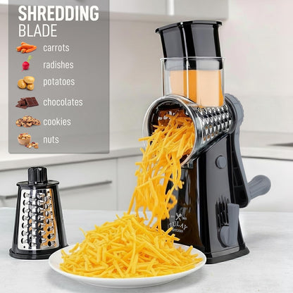 Zulay Kitchen Rotary Cheese Grater 5 Blade Cheese Shredder - Manual Hand Crank Cheese Grater With Reinforced Suction & 5 Interchangeable Drums - Easy to Use, Vegetable Chopper Round Mandoline Slicer - Colors B