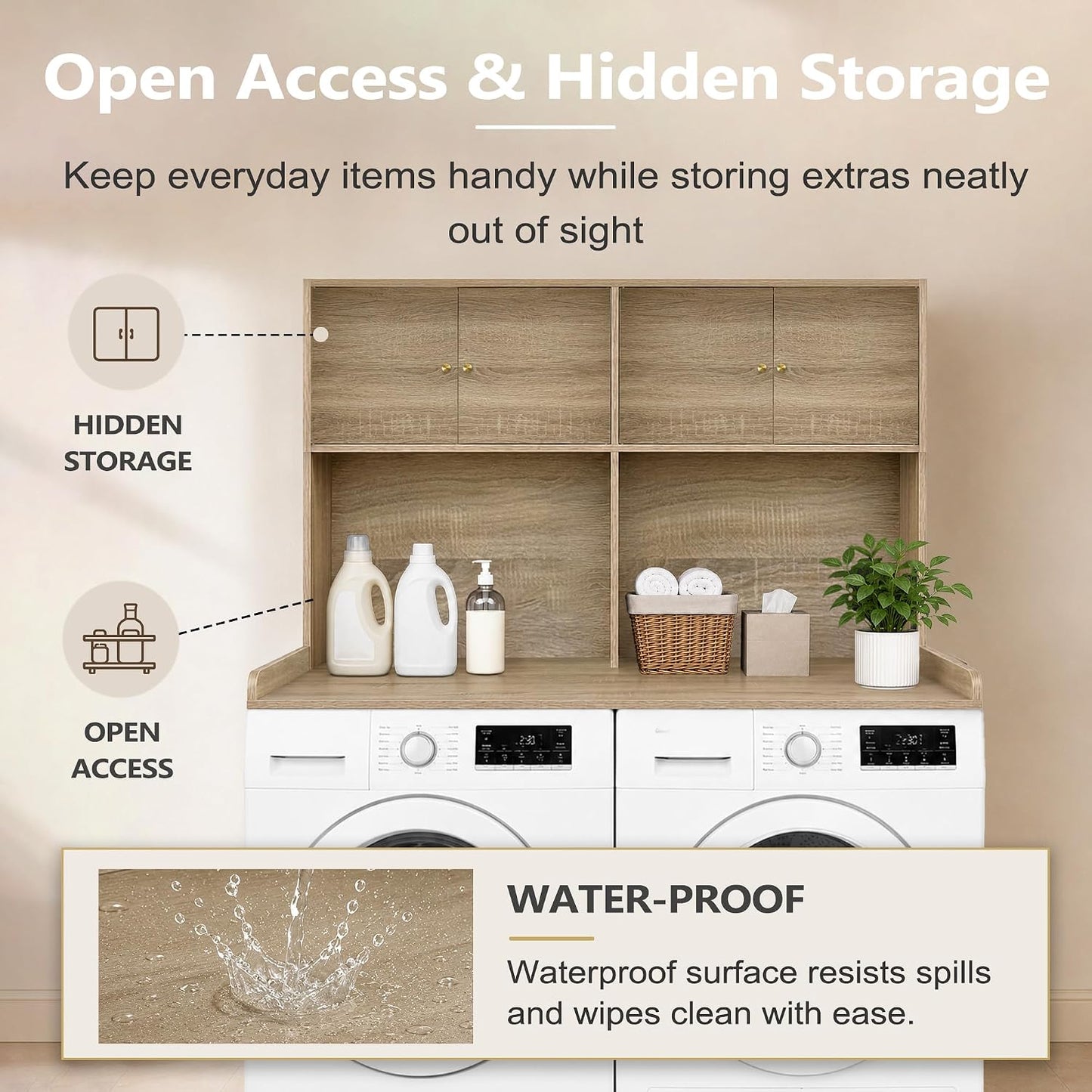 Washer Dryer Countertop with Cabinets, 2-Tier Laundry Countertop with Shelf | Washer and Dryer Topper with Edge, Over Washer and Dryer Shelves for Laundry Room, Universal Fit, 54.5"Wx27.5"Dx32.5"H