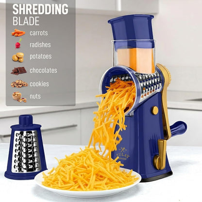 Zulay Kitchen Rotary Cheese Grater 5 Blade Cheese Shredder - Manual Hand Crank Cheese Grater With Reinforced Suction & 5 Interchangeable Drums - Easy to Use, Vegetable Chopper Round Mandoline Slicer - Colors A