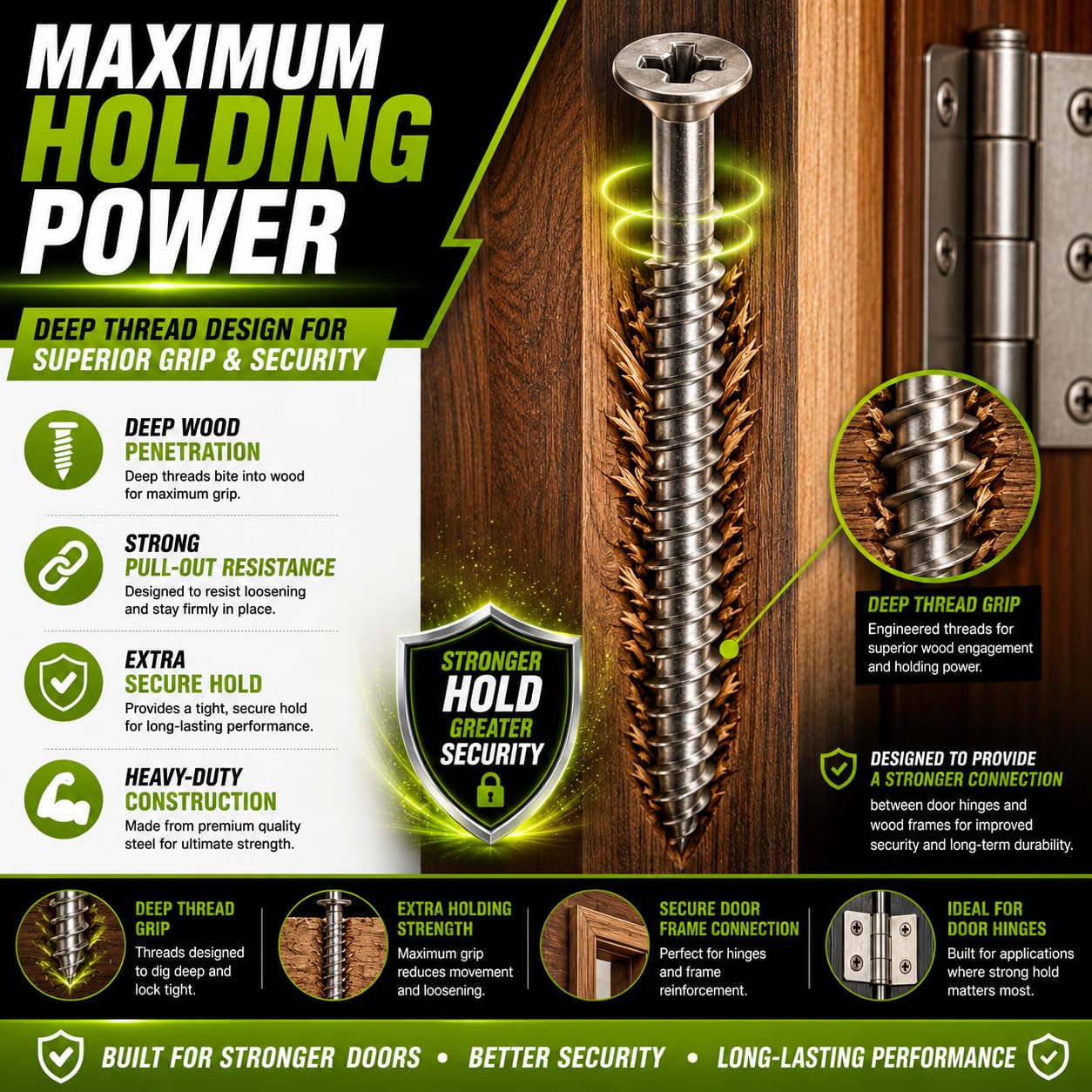 Satin Silver Nickel Wood Screws 9 X 3 Inch – Extra Long Door Hinge Screws - Door Security Screws - 24 Pack