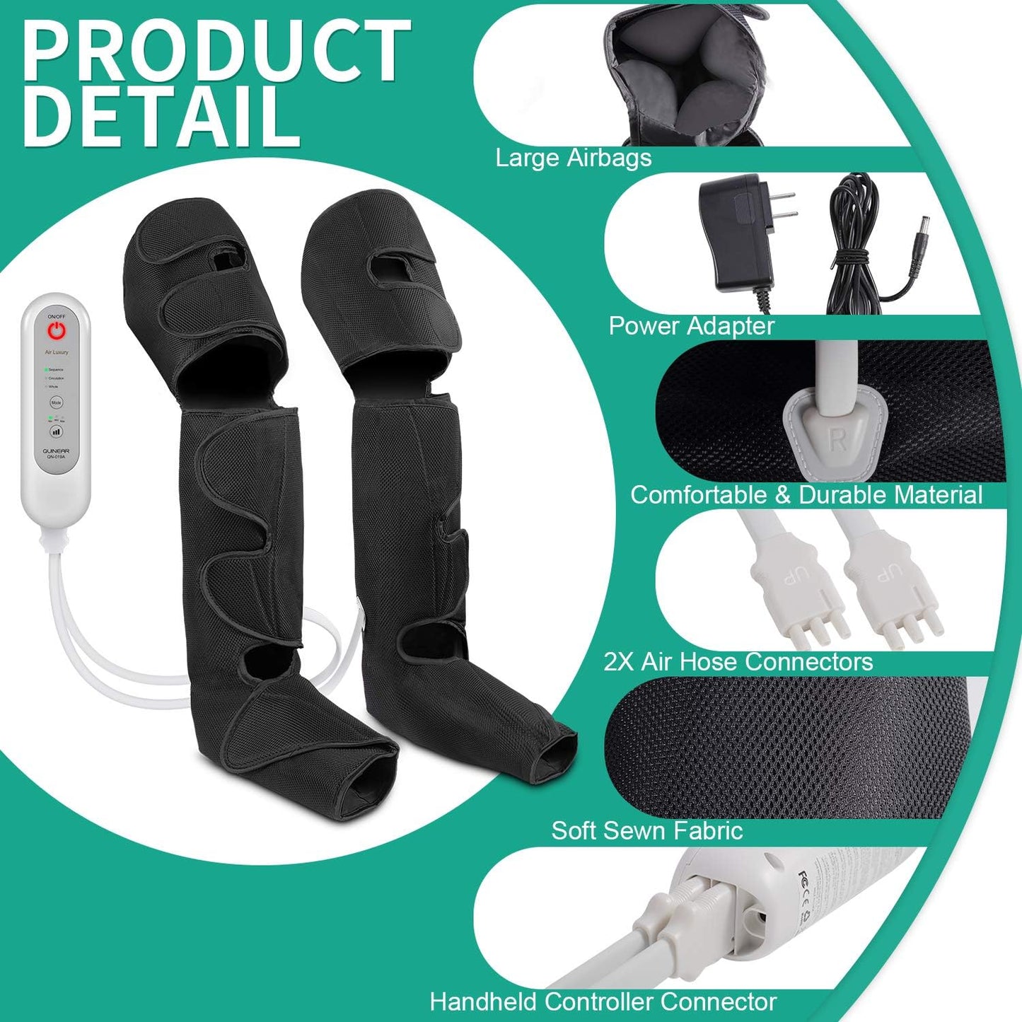 QUINEAR Full Leg Massager, Foot, Calf & Thigh Massage Machine- 3 Intensities 3 Modes Air Compression Therapy Device Help for Elderly Pain Relief, Swelling, RLS, Edema, 2 Extensions for Bigger Calf