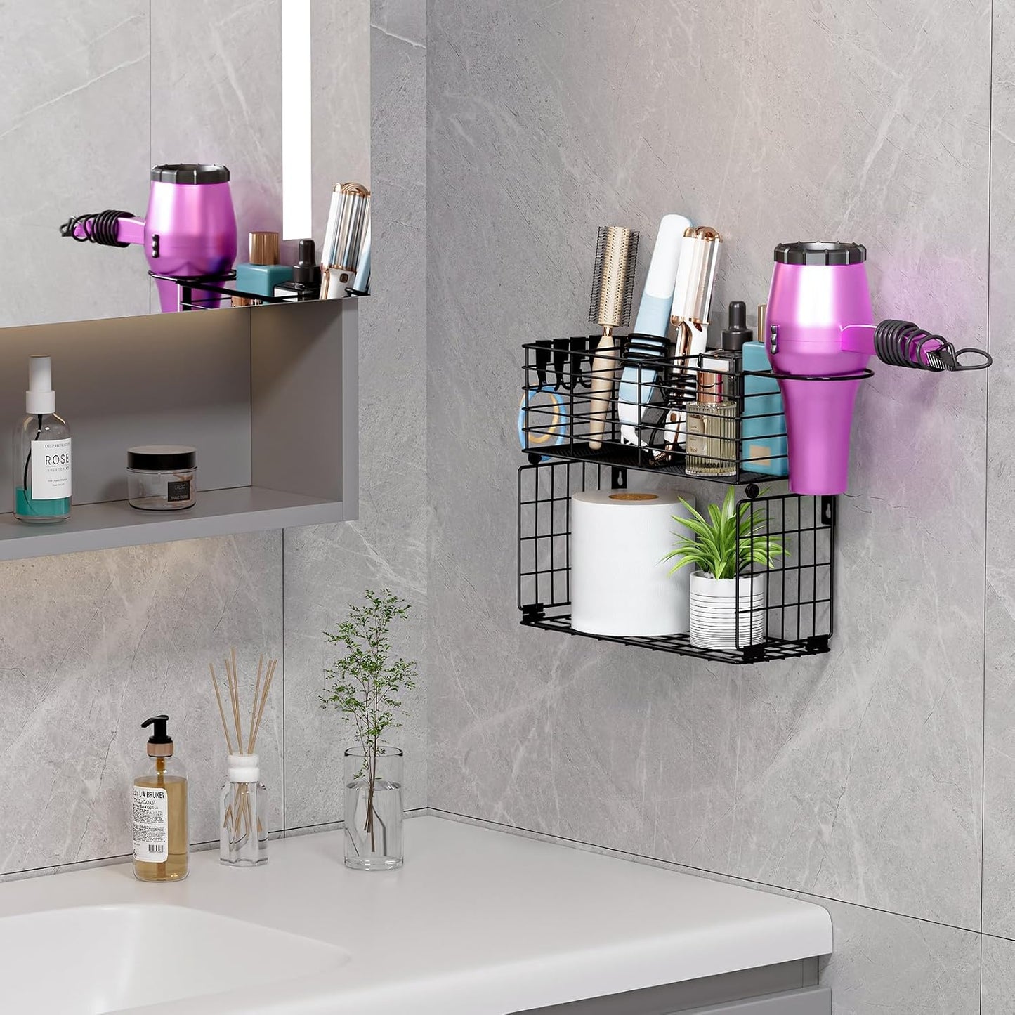 3 Tier Hair Tool Organizer Wall Mount, curling iron holder Basket, Black | Metal Mesh, Hair Dryer Holder, Bathroom Hair Styling Tool Organizer, Blow Dryer Holder, Hair Straightener Organizer