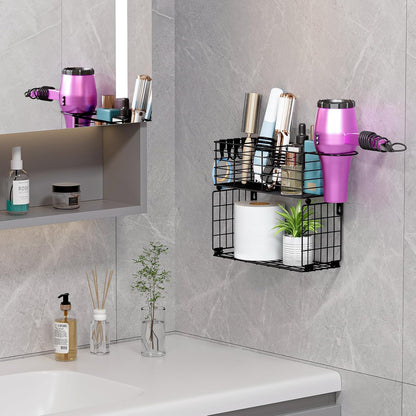 3 Tier Hair Tool Organizer Wall Mount, curling iron holder Basket, Black | Metal Mesh, Hair Dryer Holder, Bathroom Hair Styling Tool Organizer, Blow Dryer Holder, Hair Straightener Organizer