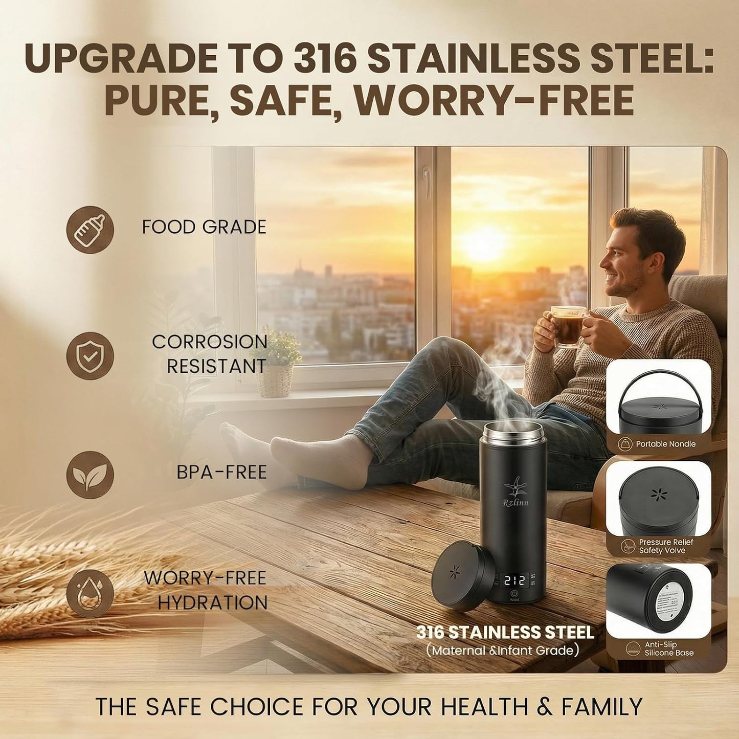Portable Electric Kettle （120V）, Travel Tea Kettle, 316 Stainless Steel Premium Liner, 4-speed Temperature Adjustment with Auto Shut-off and Boil-Off Protection black