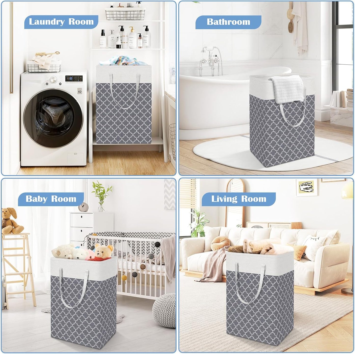 BlissTotes 3-Pack Laundry Basket, Collapsible Laundry Hamper, Grey, 75L | Laundry Clothes Hamper, Hampers for Bedroom, Freestanding Hamper with Handles, Clothes Laundry Basket
