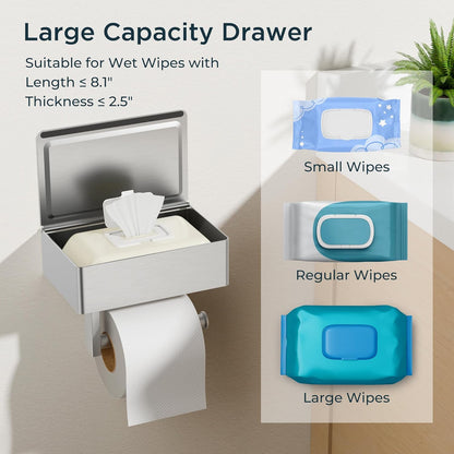 FORIOUS Toilet Paper Holder with Shelf, Wall-Mounted Modern Wipes Dispenser | Brushed Nickel | Toilet Paper Holder with Storage for Bathroom | Fits Wipes, Sanitary Napkin, Tampon | 8.0"x5.3" Large Shelf