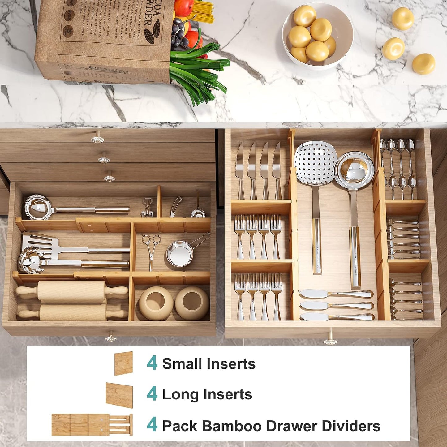4.4" High Drawer Dividers with Inserts, Bamboo Drawer Dividers for Clothes, Expandable from 12-17.5", Adjustable drawer organizer for Bedroom, Kitchen & Office, 4 Dividers with 8 Insert.