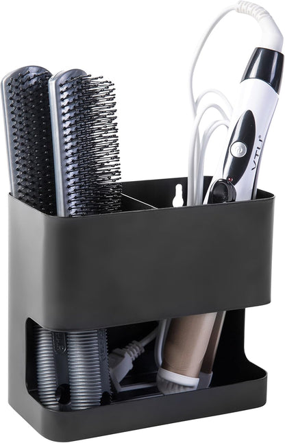MyGift Wall Mount Salon Hair Tool Organizer with 3 Slots, Black Metal | Wall-mounted black metal storage features 3 slots for curling irons, blow dryers, straighteners, and hair brushes