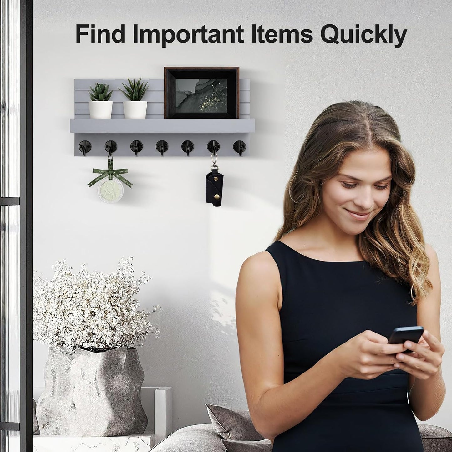 Lwenki Key Holder Wall Mount, Entryway Key and Mail Holder with 7 Sturdy Hooks for Sunglasses, Dog Leash, Decorative Wall Shelf with Mounting Hardware, 15”W x 6.7”H x 4.2”D