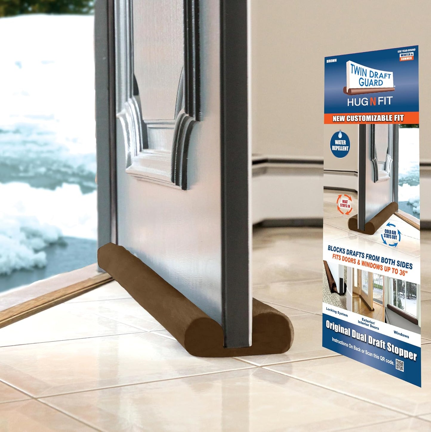 Twin Draft Guard Hug N Fit, Original Dual Draft Stopper Instantly Blocks Air from Entering, Water Repellent, Fits 28”-36” Length with 1.5” Energy Saver Tube