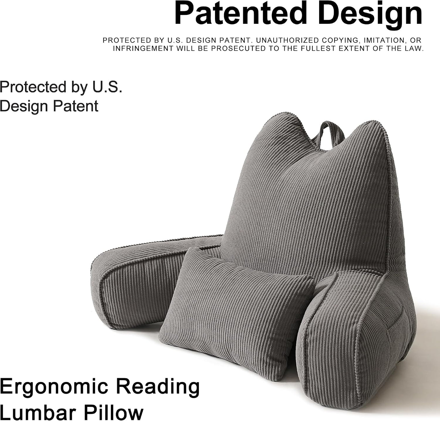Patented Design Reading Pillow with Arms for Sitting Up, 2-in-1 Bed Rest Pillow with Detachable Lumbar Support, Backrest Support Cushion for Couch with Side Pockets & Handle, Beige Gray