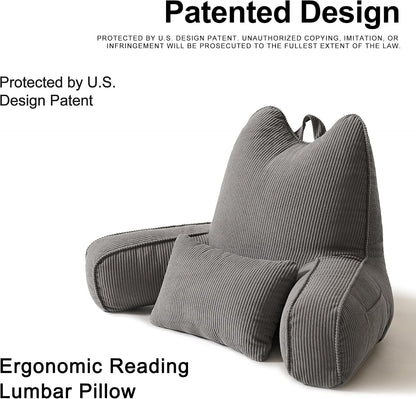 Patented Design Reading Pillow with Arms for Sitting Up, 2-in-1 Bed Rest Pillow with Detachable Lumbar Support, Backrest Support Cushion for Couch with Side Pockets & Handle, Beige Gray