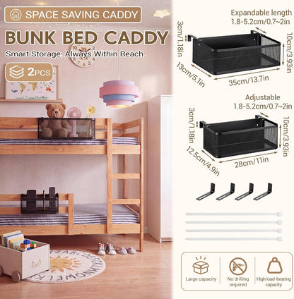 2 Pcs 2 Size Metal Mesh Bedside Storage Caddy Shelf for Bunk Bed Hanging Storage Basket with Adjustable Hook Bedside Organizer Holder for College Dorm Essentials, Bedroom, Loft Bed(White)