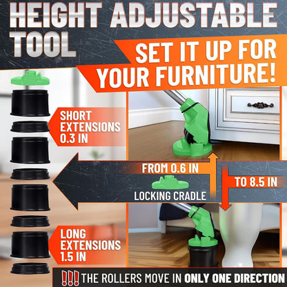 Furniture Lifter Tool with 4 Pcs Appliance Movers Sliders, 660 Lbs | Heavy Duty Furniture Moving Kit with Lifting Extender Included - Slides Refrigerators, Stoves, and Couches Across the Floor