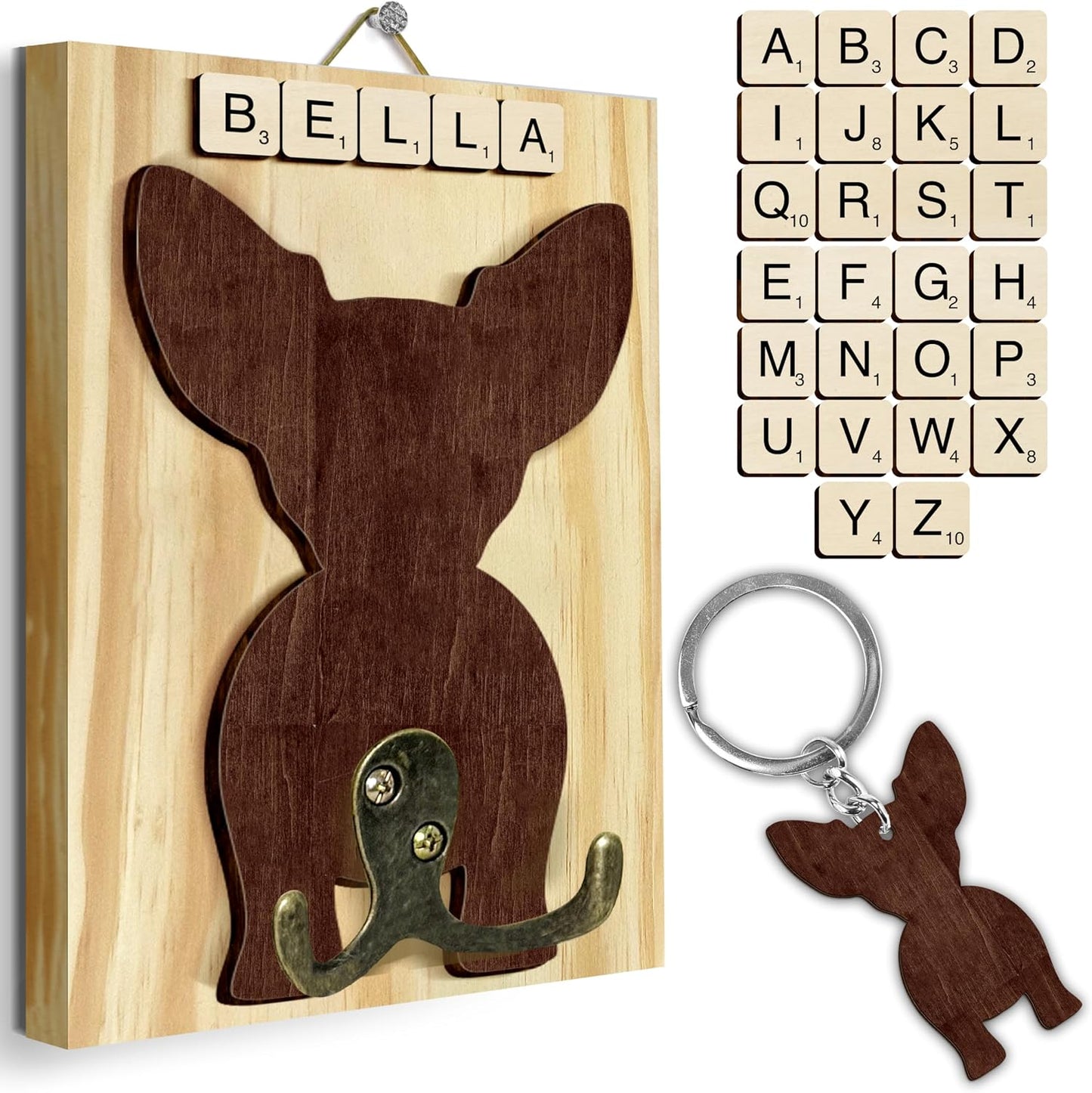Dog Leash Holder Wall Mount, Pet Harness Hanger with Scrabble Letters, Dog Collar Organizer for Entryway, Memorial Cat Leash Holder for Wall, Pet Loss Gifts, Keepsake, Home Decor PF212-NAT