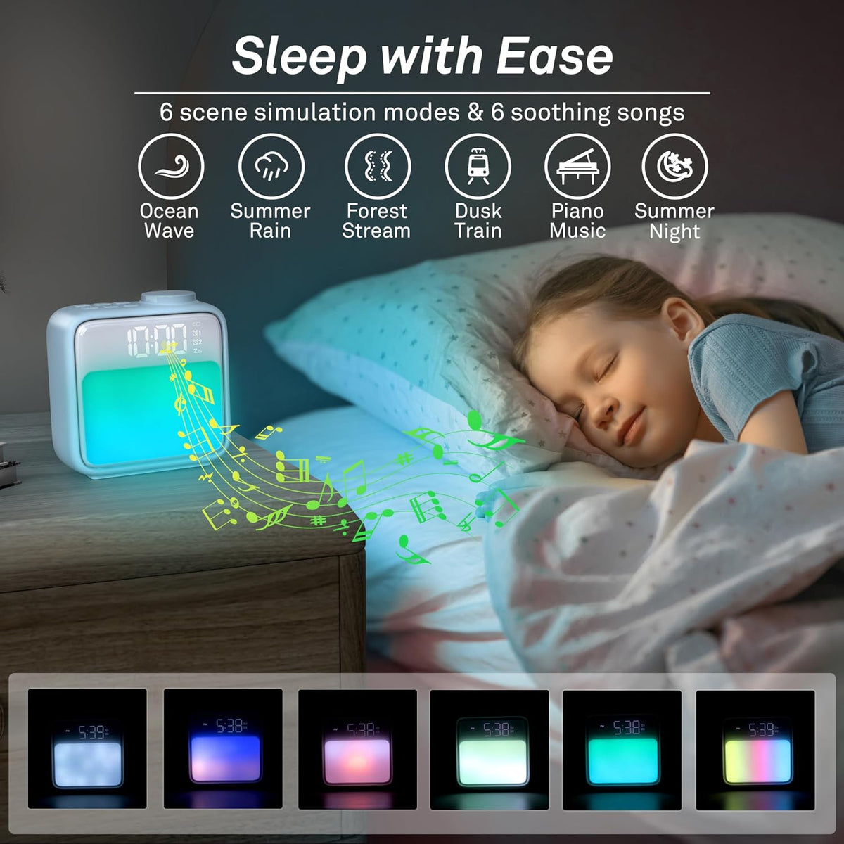 AIRIVO Alarm Clock Night Lights, Built-in Battery Alarm Clock for Bedrooms, 6 Scenes & White Noise Sync, Dual Alarms & Snooze, for Heavy Sleepers, Gifts for Kids Teens